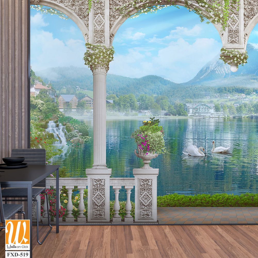 Beautiful lake with swans, white columns and arches Wallpaper [WP-FXD-519]