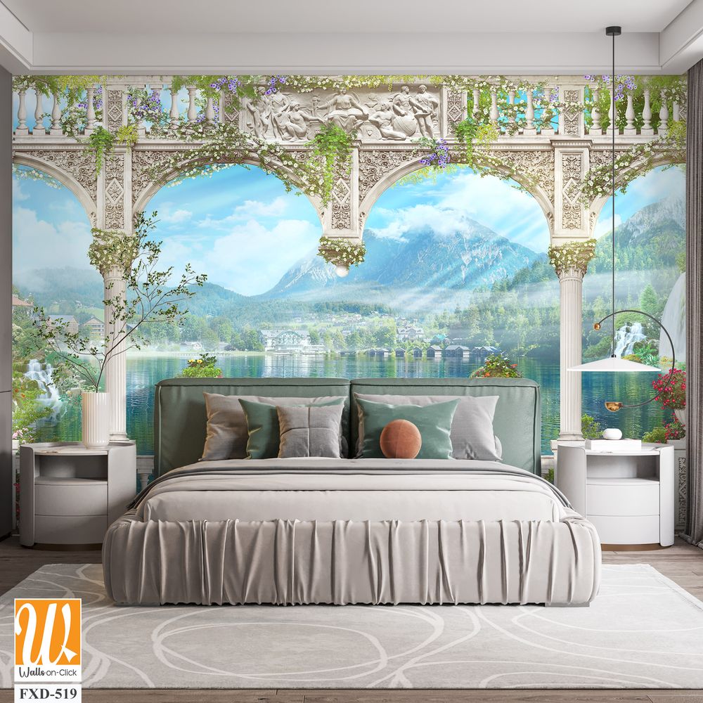 Beautiful lake with swans, white columns and arches Wallpaper [WP-FXD-519]