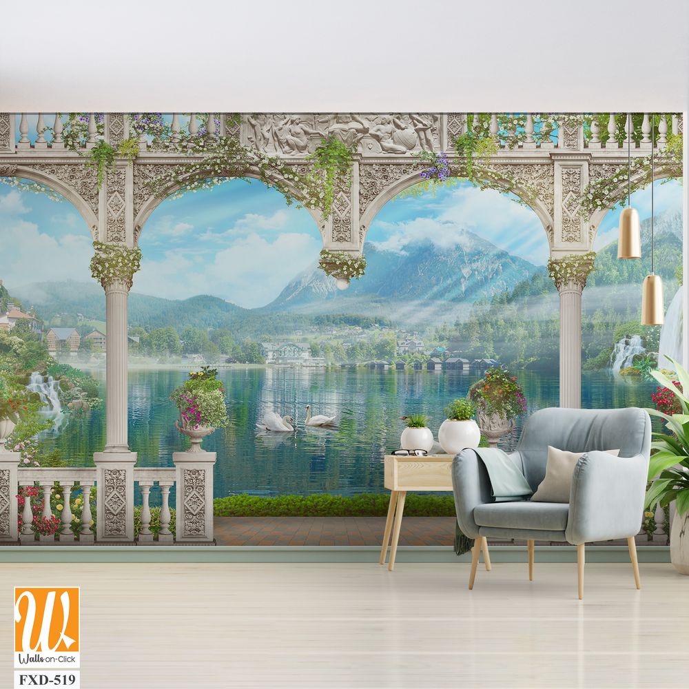 Beautiful lake with swans, white columns and arches Wallpaper [WP-FXD-519]