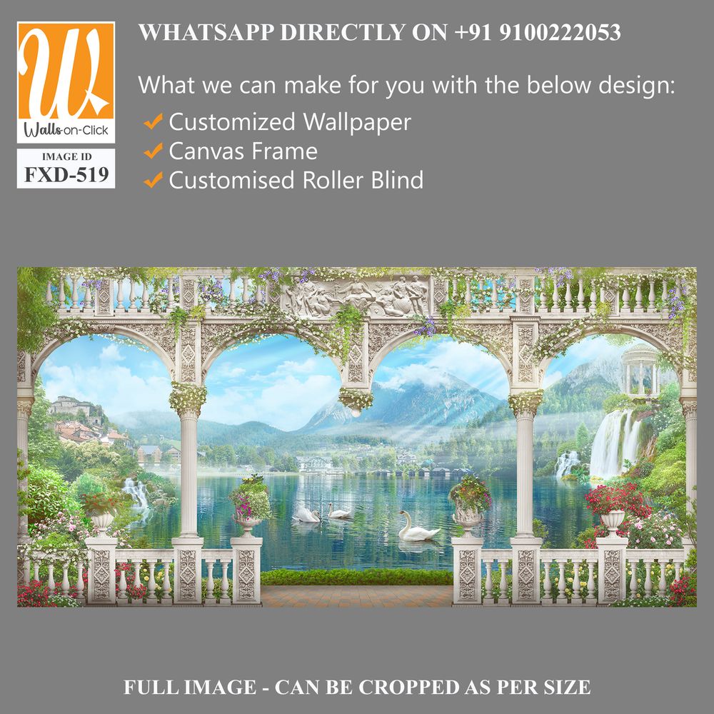 Beautiful lake with swans, white columns and arches Wallpaper [WP-FXD-519]