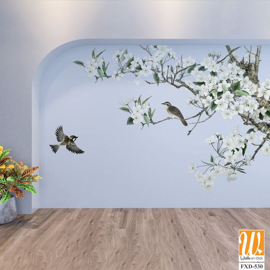 White flowers and branches with birds flying Wallpaper [WP-FXD-530]