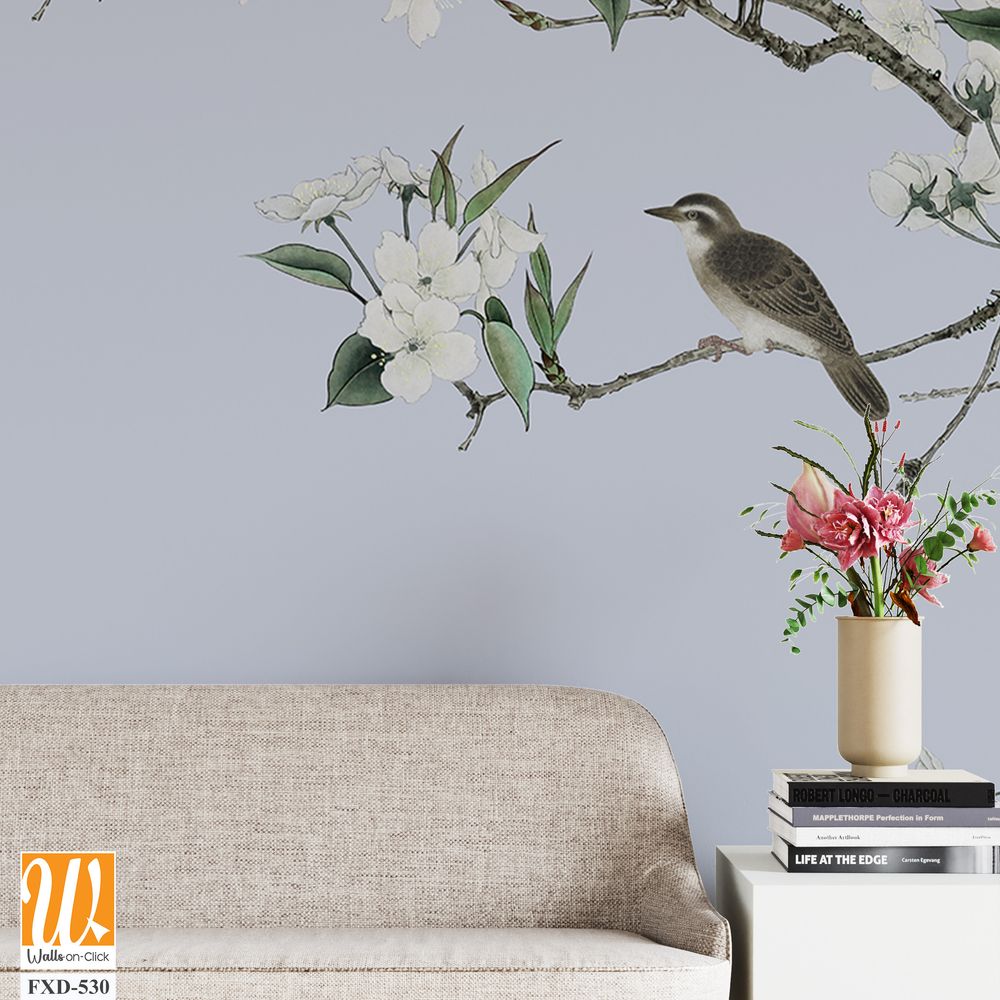 White flowers and branches with birds flying Wallpaper [WP-FXD-530]