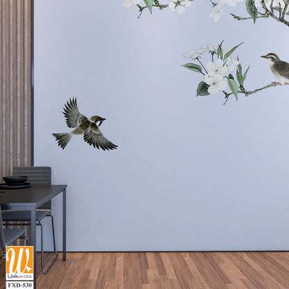 White flowers and branches with birds flying Wallpaper [WP-FXD-530]