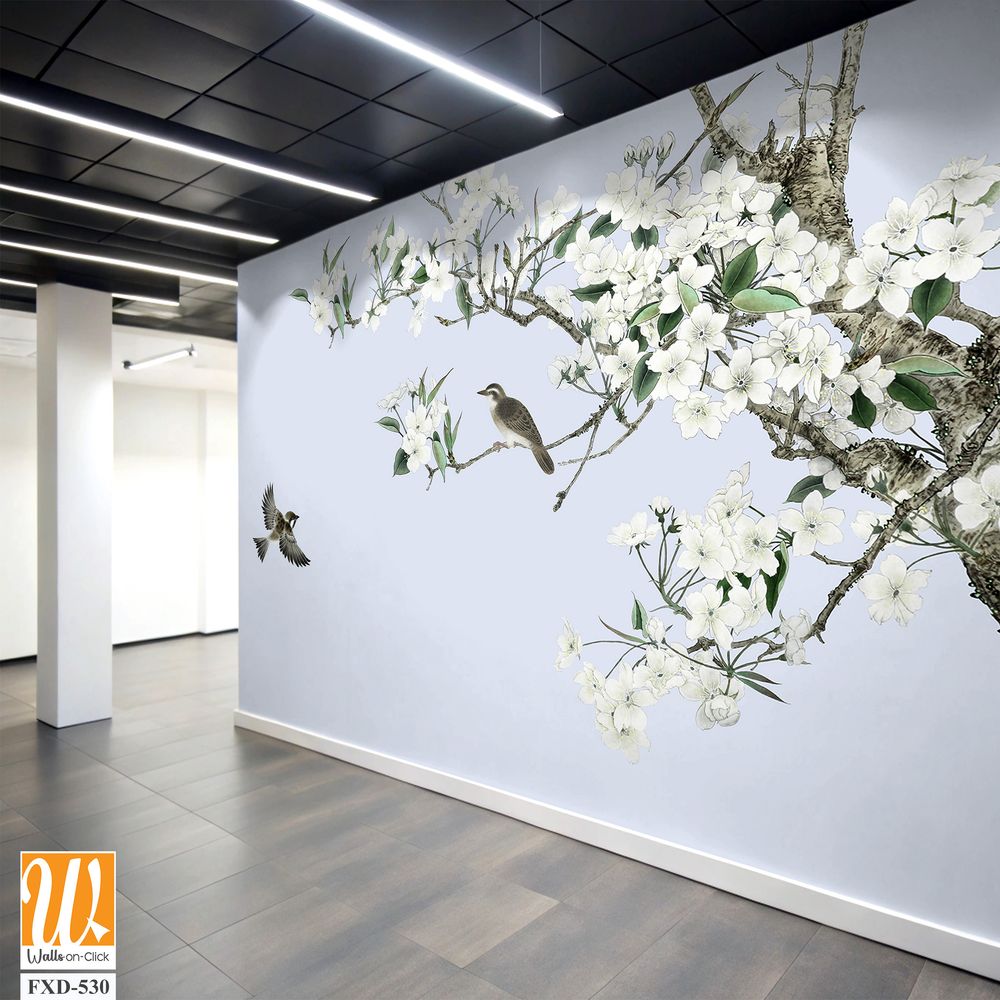 White flowers and branches with birds flying Wallpaper [WP-FXD-530]