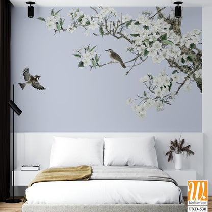 White flowers and branches with birds flying Wallpaper [WP-FXD-530]