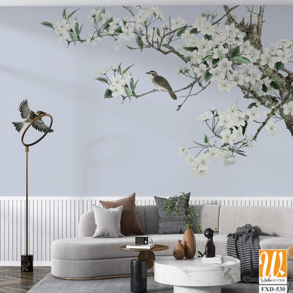 White flowers and branches with birds flying Wallpaper [WP-FXD-530]