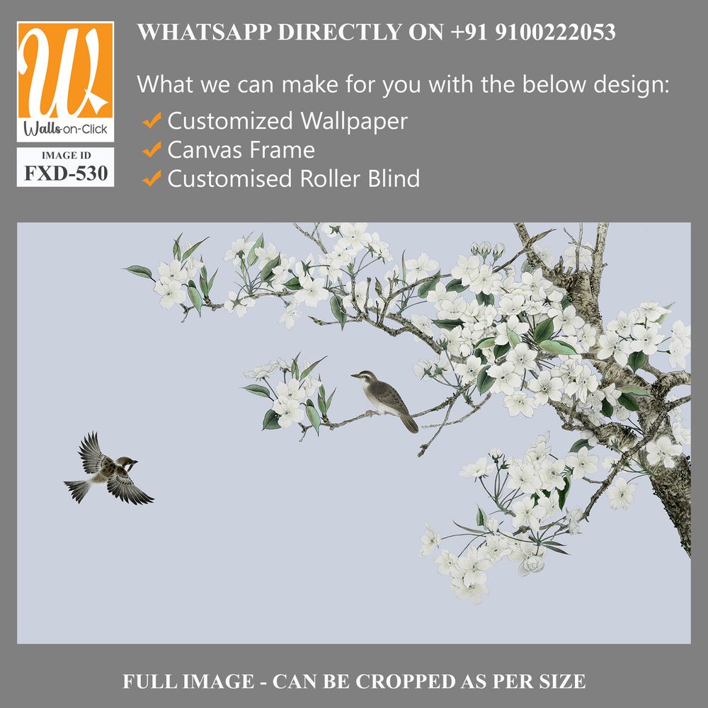 White flowers and branches with birds flying Wallpaper [WP-FXD-530]