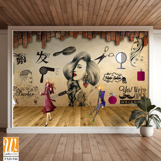 Vintage wallpaper, hair salon decor [WP-FXD-546]