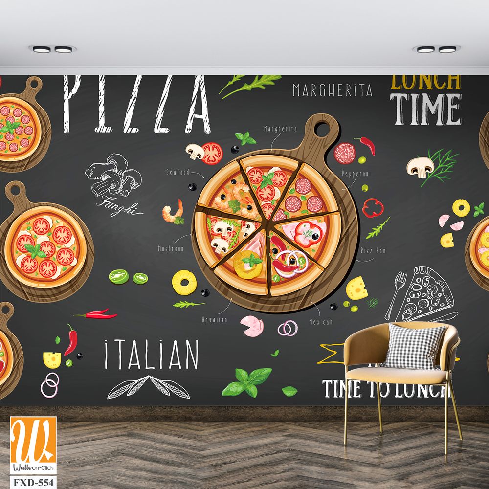 Design of an Italian pizza items with a chalkboard background Wallpaper [WP-FXD-554]