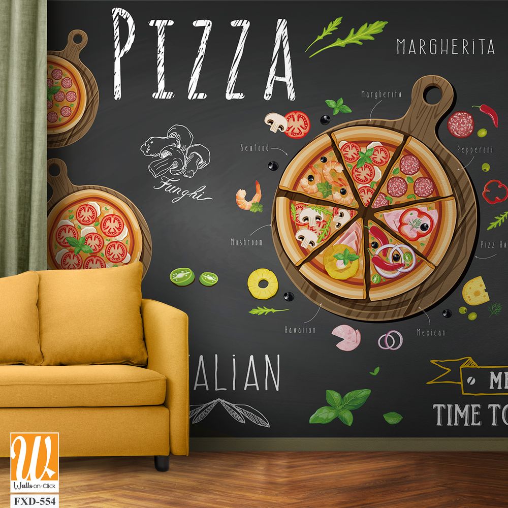 Design of an Italian pizza items with a chalkboard background Wallpaper [WP-FXD-554]