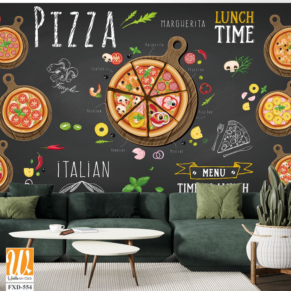 Design of an Italian pizza items with a chalkboard background Wallpaper [WP-FXD-554]