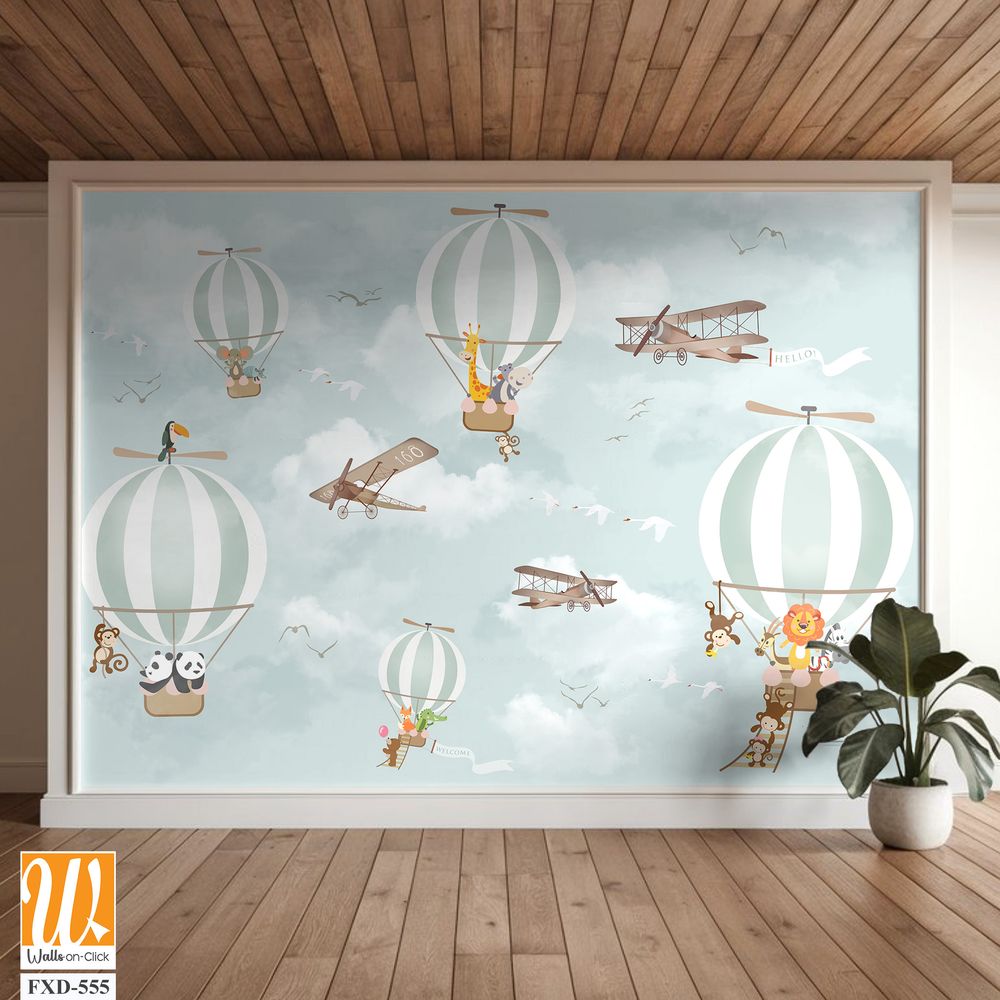 Whimsical hot air balloon scene with cartoon animal Wallpaper [WP-FXD-555]