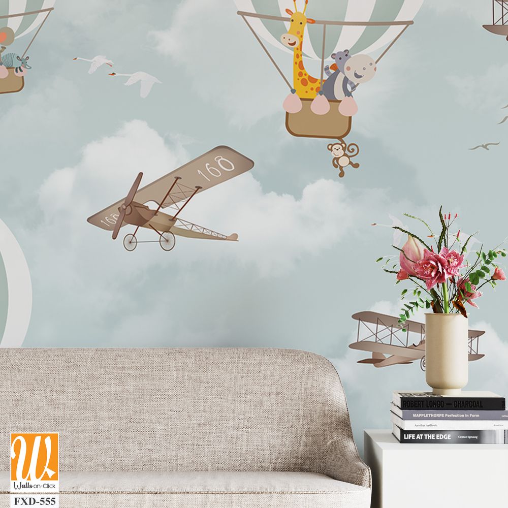 Whimsical hot air balloon scene with cartoon animal Wallpaper [WP-FXD-555]