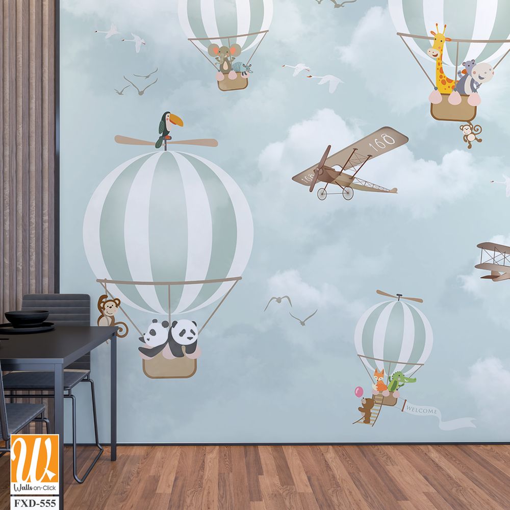 Whimsical hot air balloon scene with cartoon animal Wallpaper [WP-FXD-555]