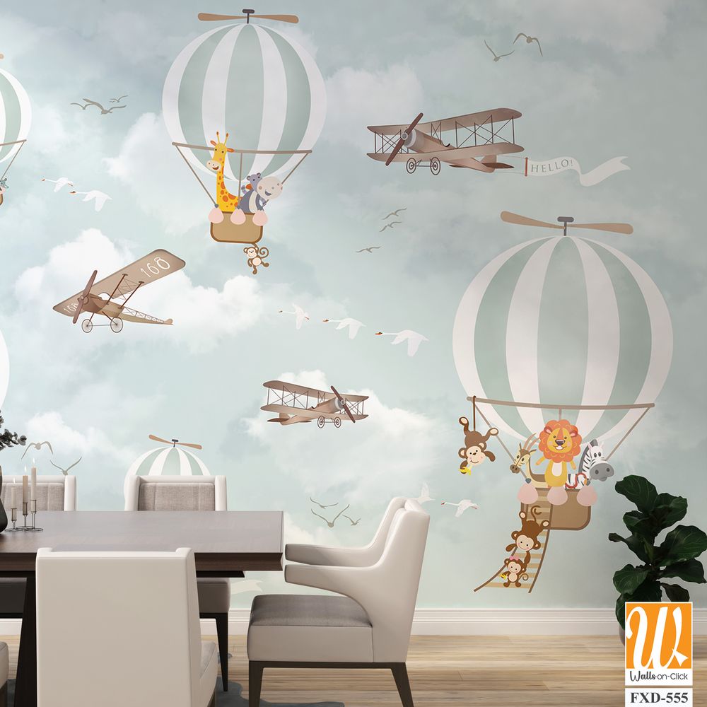 Whimsical hot air balloon scene with cartoon animal Wallpaper [WP-FXD-555]