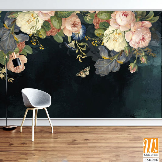 Vintage-inspired floral arrangement of roses, peonies, and orchids Wallpaper [WP-FXD-556]