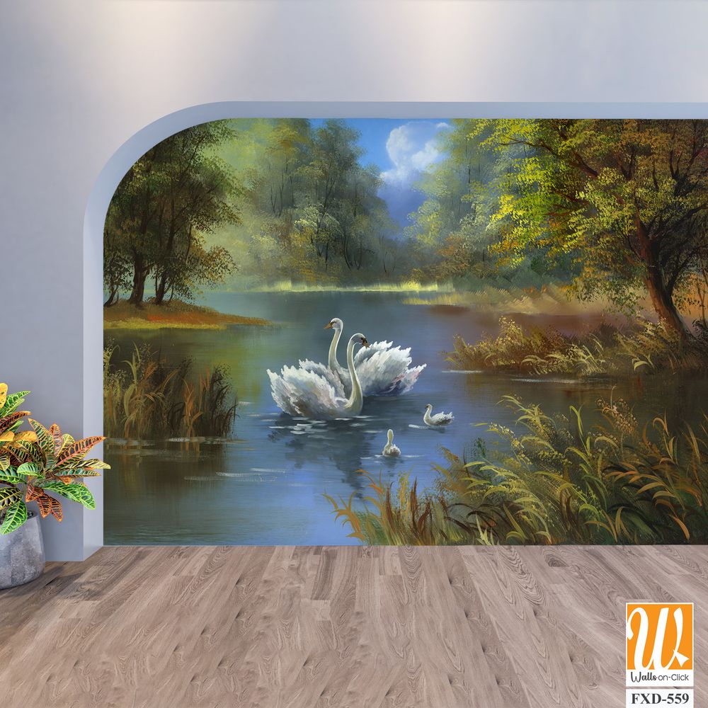 Oil painting of swans on a lake Wallpaper [WP-FXD-559]