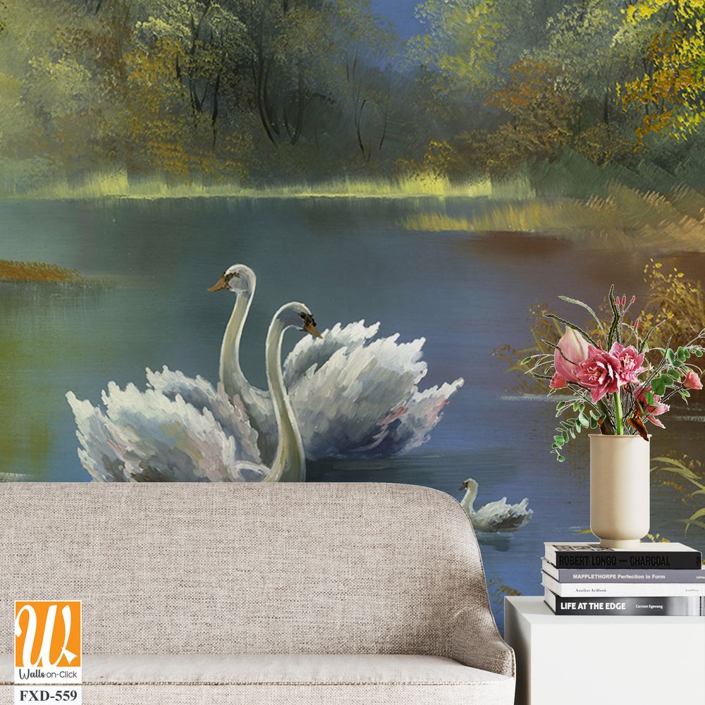 Oil painting of swans on a lake Wallpaper [WP-FXD-559]