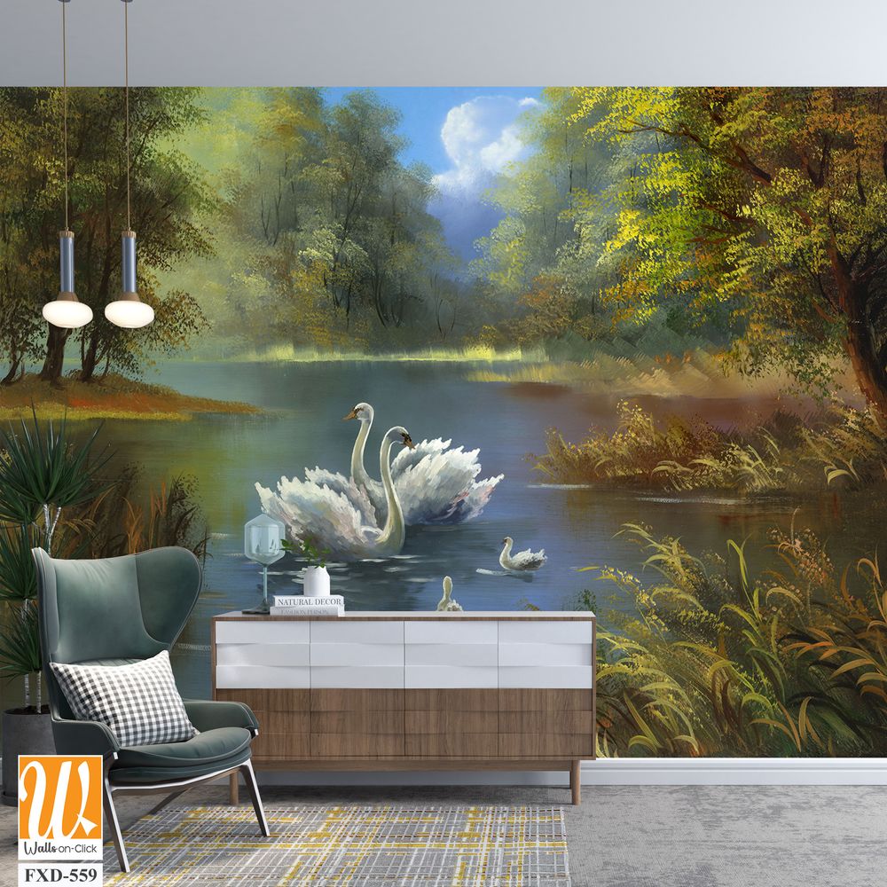 Oil painting of swans on a lake Wallpaper [WP-FXD-559]