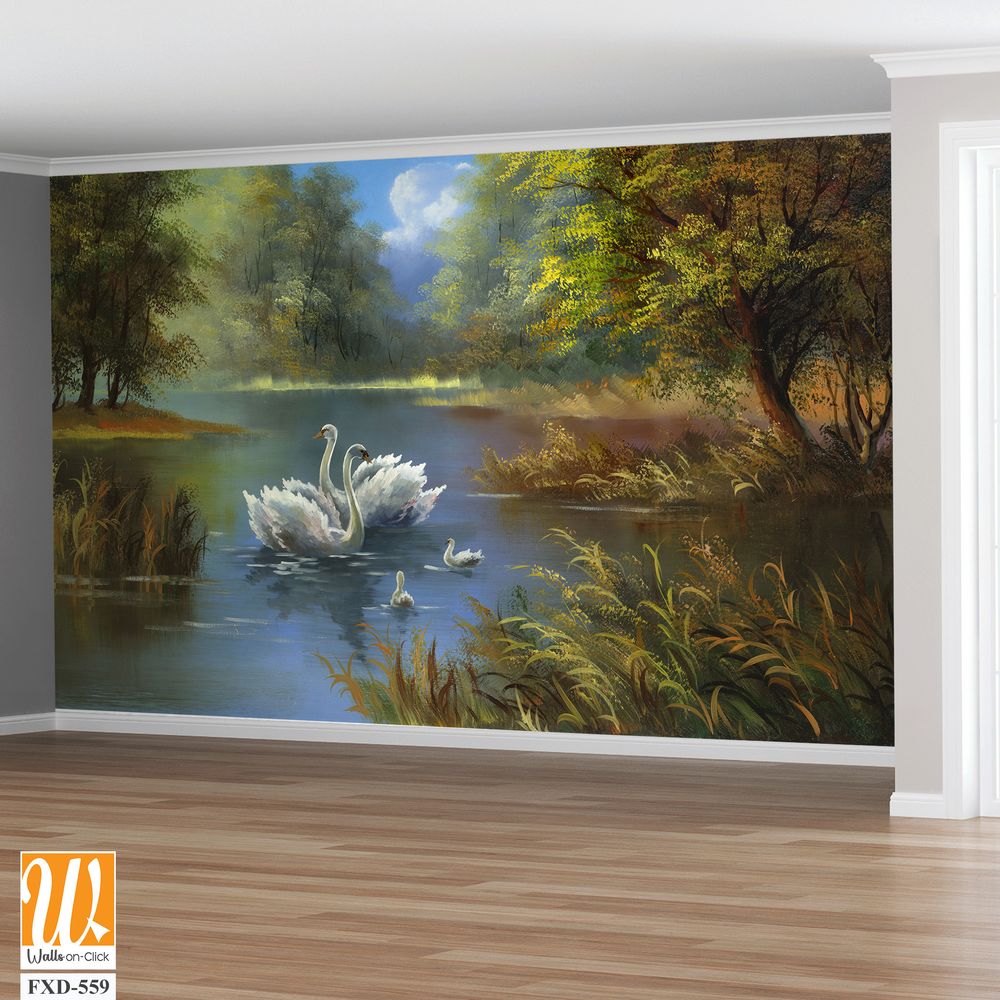 Oil painting of swans on a lake Wallpaper [WP-FXD-559]