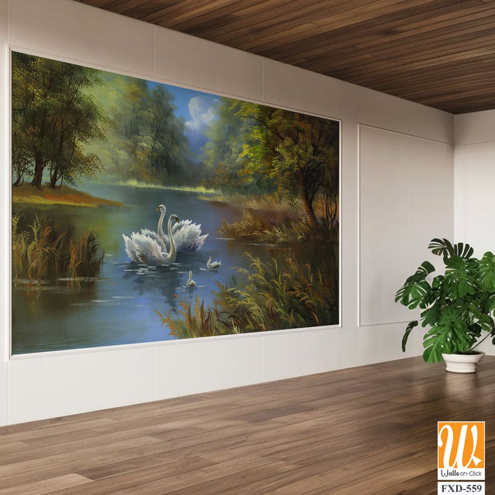 Oil painting of swans on a lake Wallpaper [WP-FXD-559]