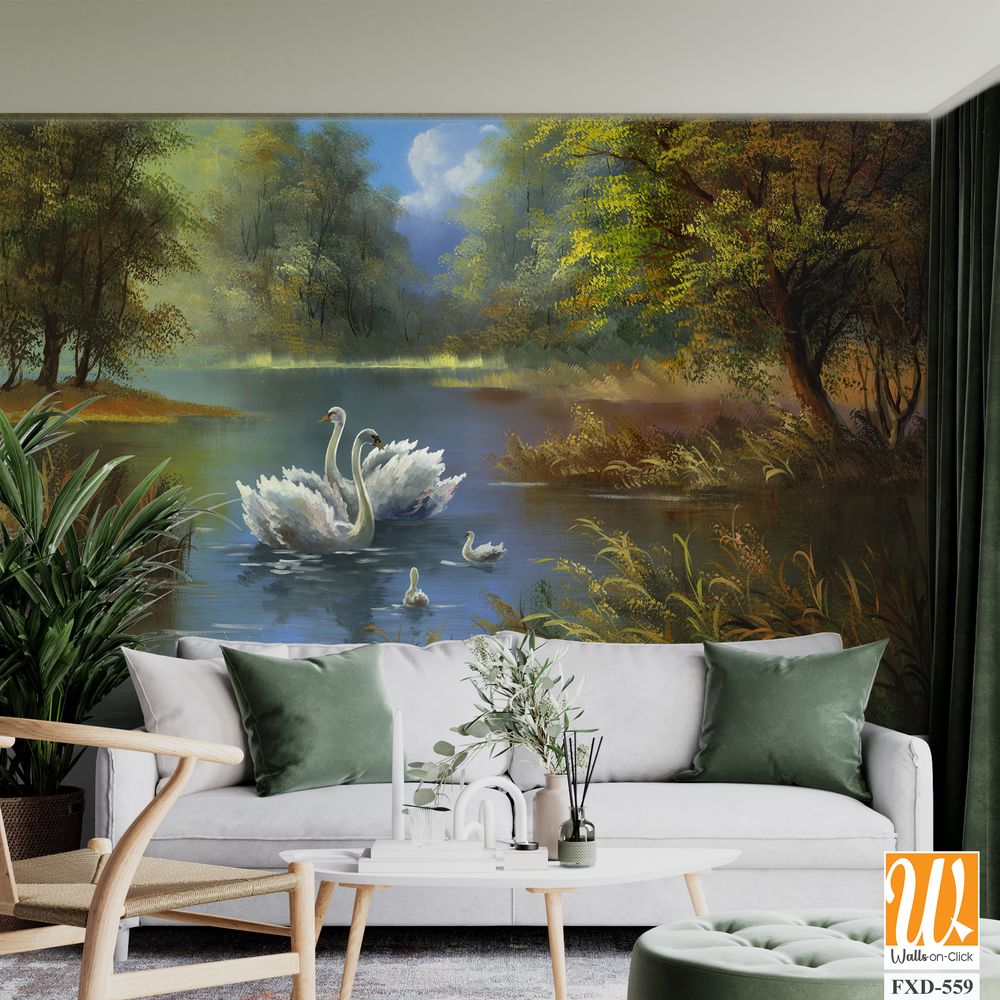 Oil painting of swans on a lake Wallpaper [WP-FXD-559]