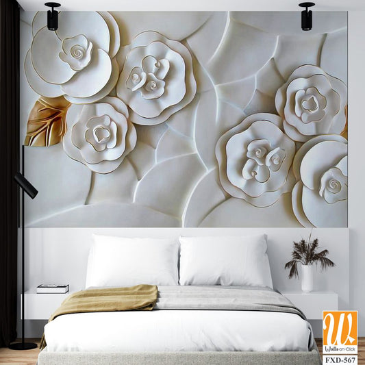 3D carved white roses wall mural Wallpaper [WP-FXD-567]