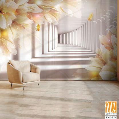 3D luxury white flower corridor with golden butterflies Wallpaper [WP-FXD-570]