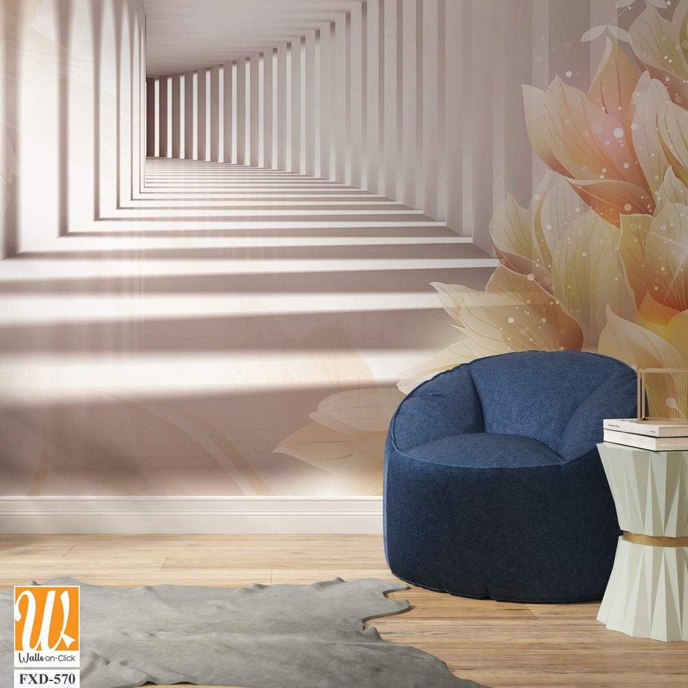 3D luxury white flower corridor with golden butterflies Wallpaper [WP-FXD-570]