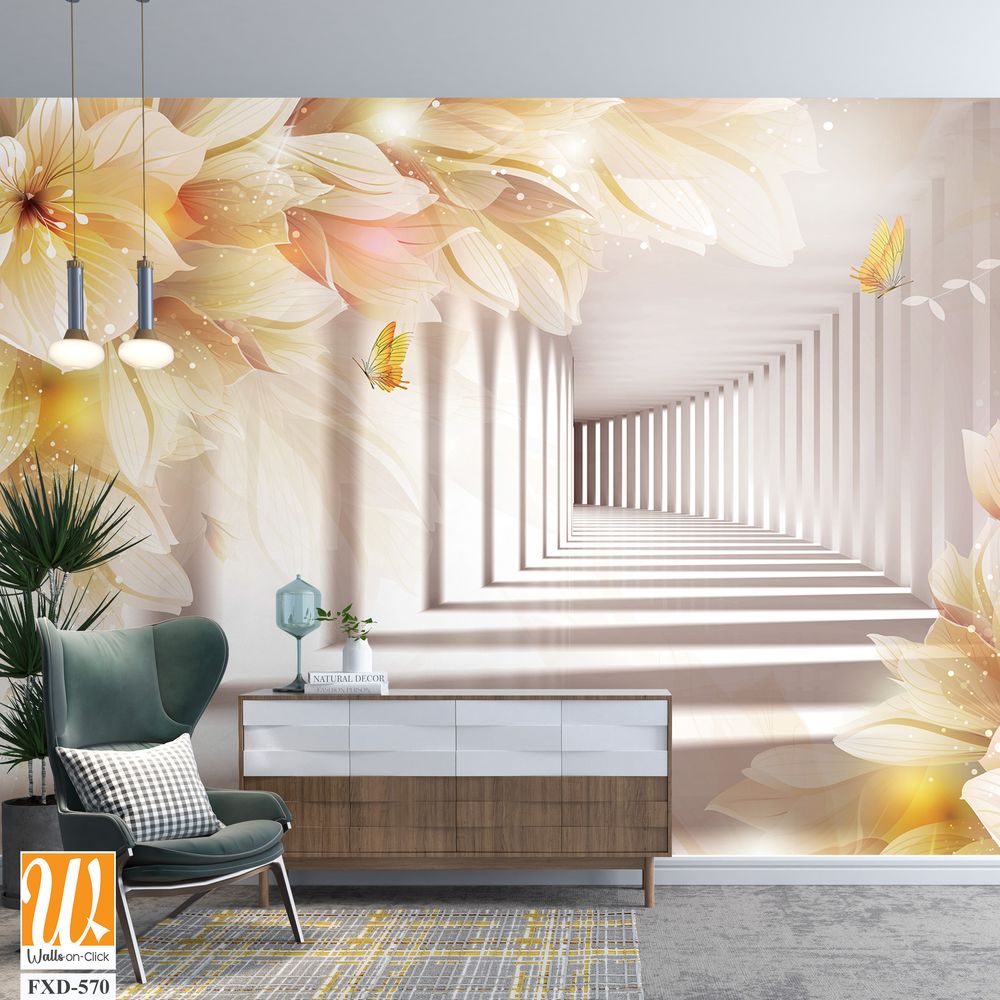 3D luxury white flower corridor with golden butterflies Wallpaper [WP-FXD-570]