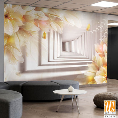 3D luxury white flower corridor with golden butterflies Wallpaper [WP-FXD-570]