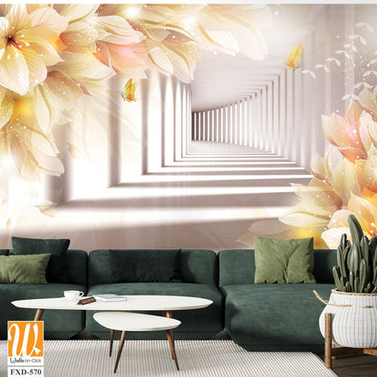 3D luxury white flower corridor with golden butterflies Wallpaper [WP-FXD-570]