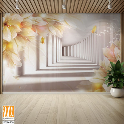 3D luxury white flower corridor with golden butterflies Wallpaper [WP-FXD-570]