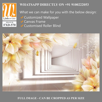 3D luxury white flower corridor with golden butterflies Wallpaper [WP-FXD-570]