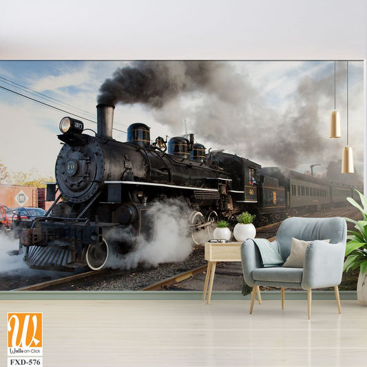 Black steam locomotive with billowing smoke stacks Wallpaper [WP-FXD-576]