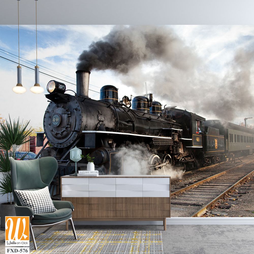 Black steam locomotive with billowing smoke stacks Wallpaper [WP-FXD-576]