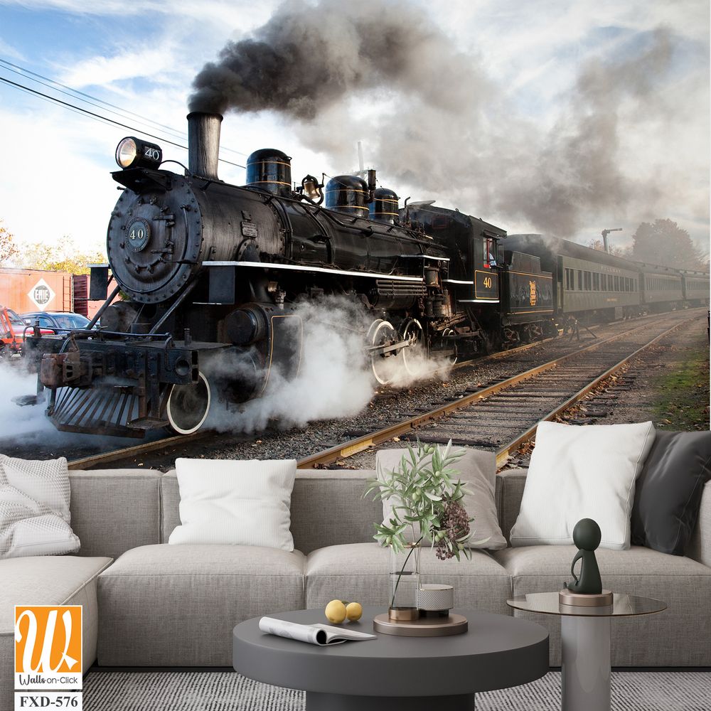 Black steam locomotive with billowing smoke stacks Wallpaper [WP-FXD-576]