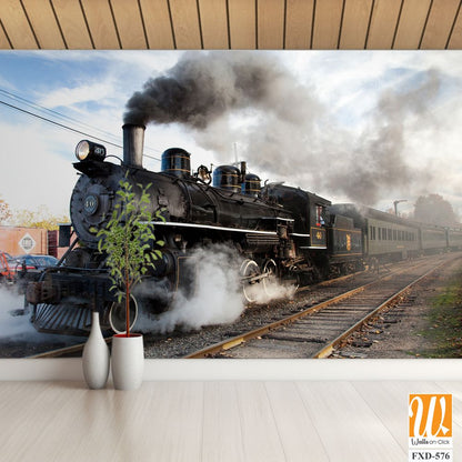 Black steam locomotive with billowing smoke stacks Wallpaper [WP-FXD-576]