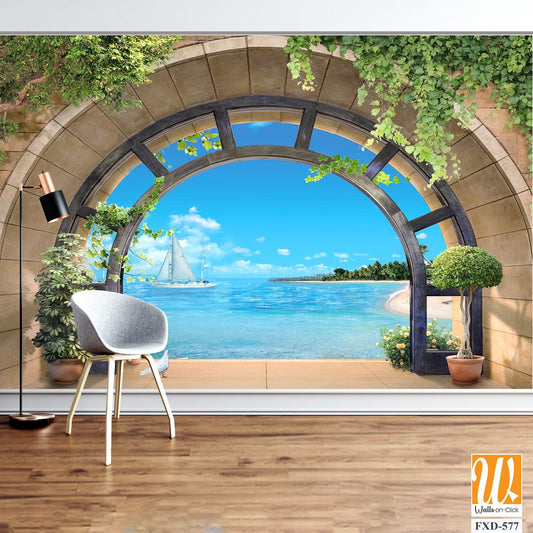 Arched stone arch with a view of the sea and sailboats Wallpaper [WP-FXD-577]