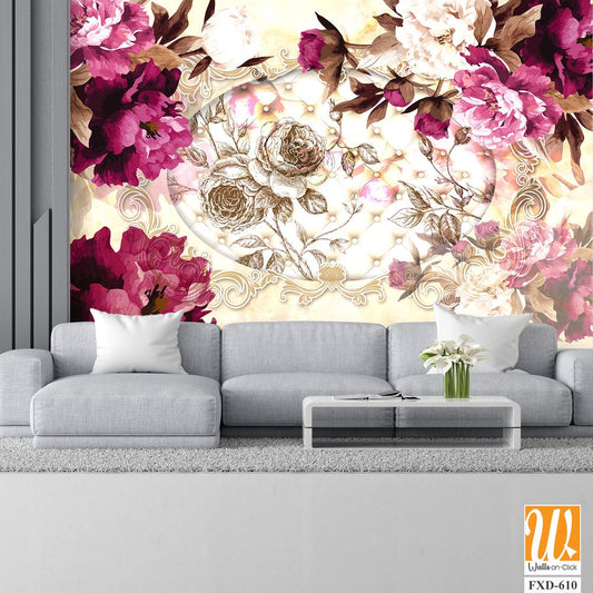 3D Vintage Peonies and Pearls Wall Mural Wallpaper [WP-FXD-610]