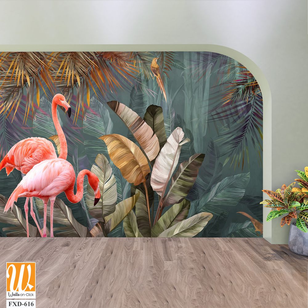 Pink flamingos among tropical leaves Wallpaper [WP-FXD-616]