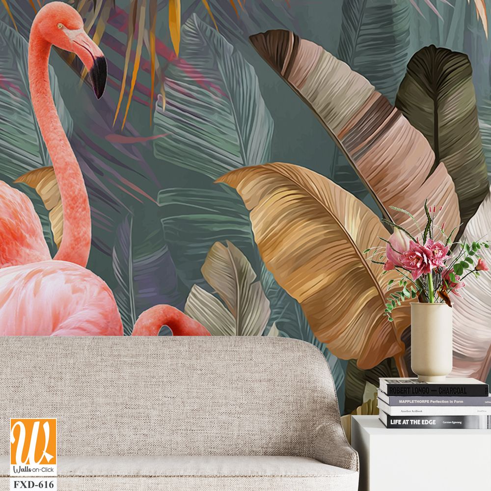 Pink flamingos among tropical leaves Wallpaper [WP-FXD-616]