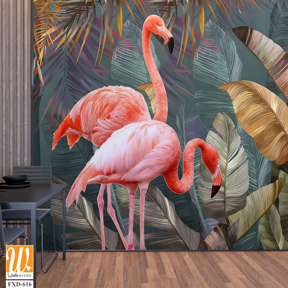 Pink flamingos among tropical leaves Wallpaper [WP-FXD-616]