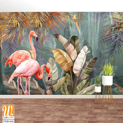 Pink flamingos among tropical leaves Wallpaper [WP-FXD-616]