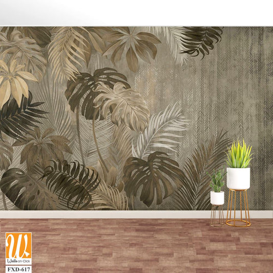 Watercolor, jungle leaves pattern on a grey background Wallpaper [WP-FXD-617]