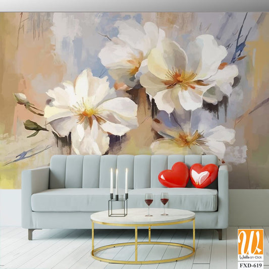 Oil painting of white flowers, with bold brush strokes Wallpaper [WP-FXD-619]