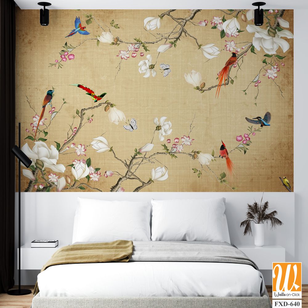 Delicate painting of magnolia flowers, colorful birds, and butterflies Wallpaper [WP-FXD-640]