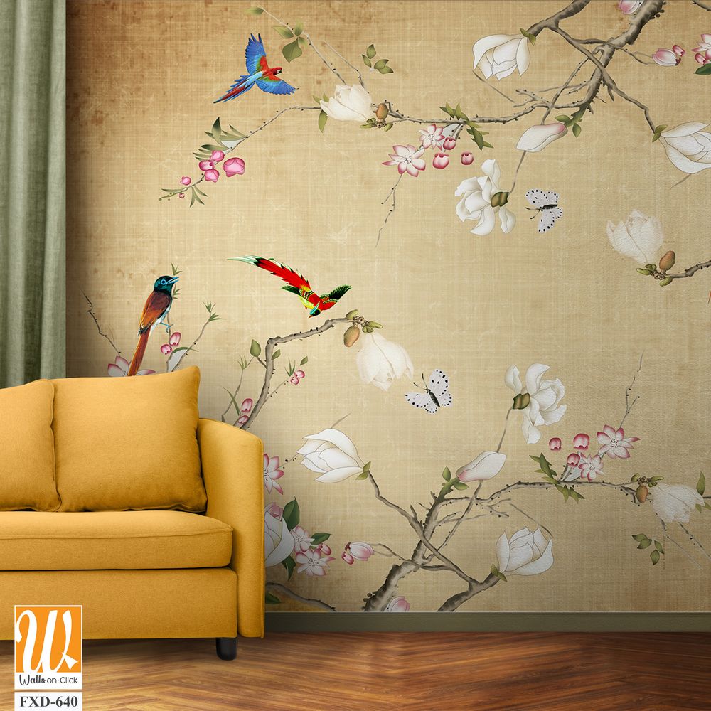 Delicate painting of magnolia flowers, colorful birds, and butterflies Wallpaper [WP-FXD-640]