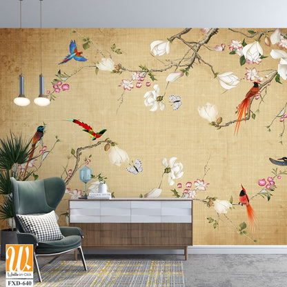 Delicate painting of magnolia flowers, colorful birds, and butterflies Wallpaper [WP-FXD-640]