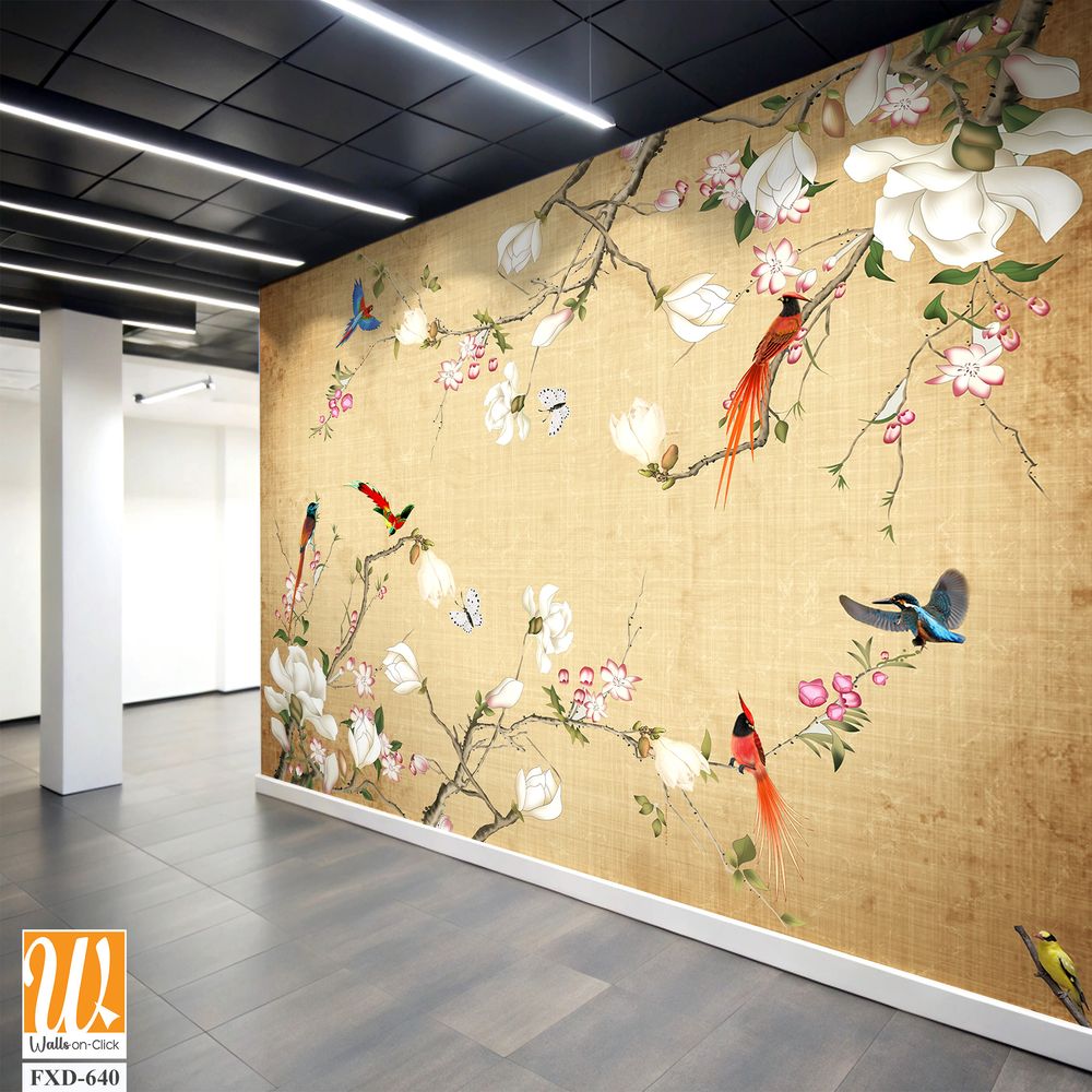 Delicate painting of magnolia flowers, colorful birds, and butterflies Wallpaper [WP-FXD-640]